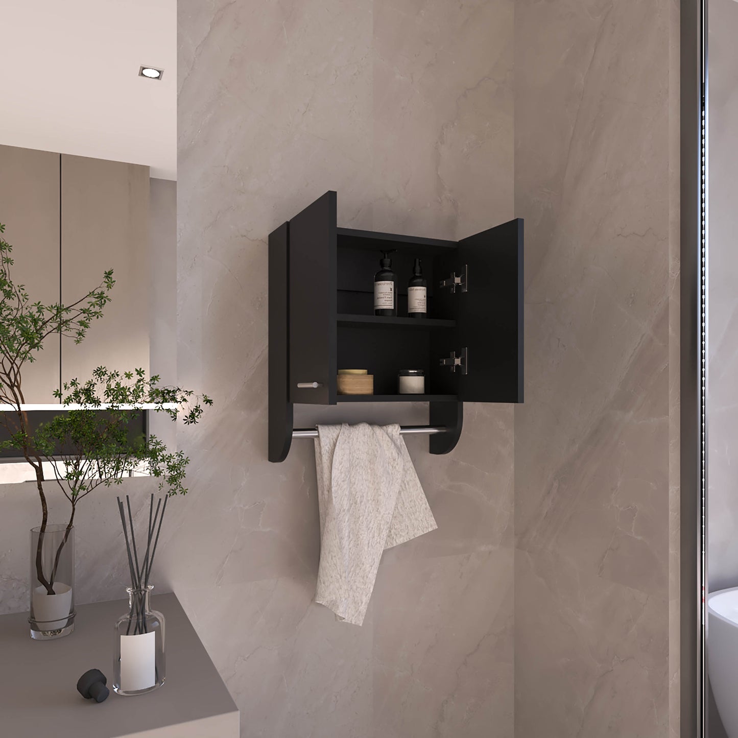 Optim Medicine Cabinet with towel holder 17.4" Wide Medice Cabinet Organizer with Two interior Shelves and Tower Holder for Bathroom, Kitchen, Mudroom