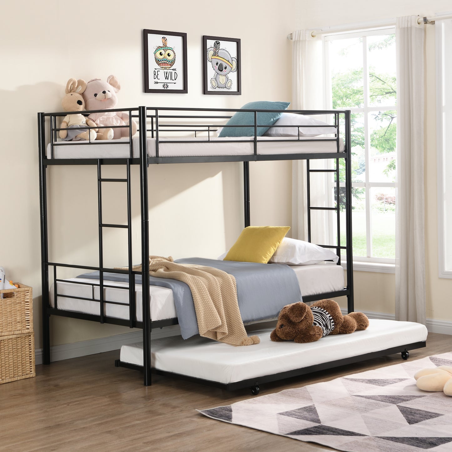 Black Metal Bunk Bed with Trundle for Space-Saving Comfort