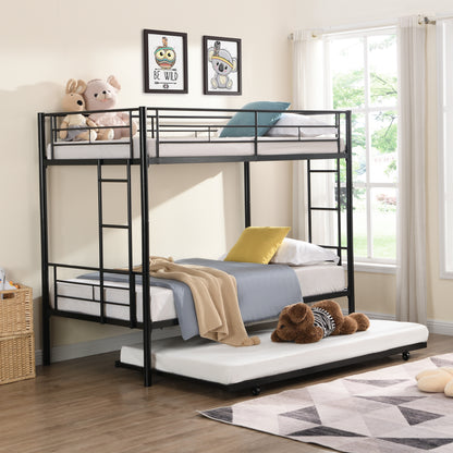 Black Metal Bunk Bed with Trundle for Space-Saving Comfort