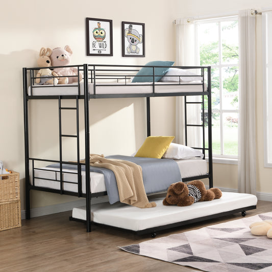 Black Metal Bunk Bed with Trundle for Space-Saving Comfort