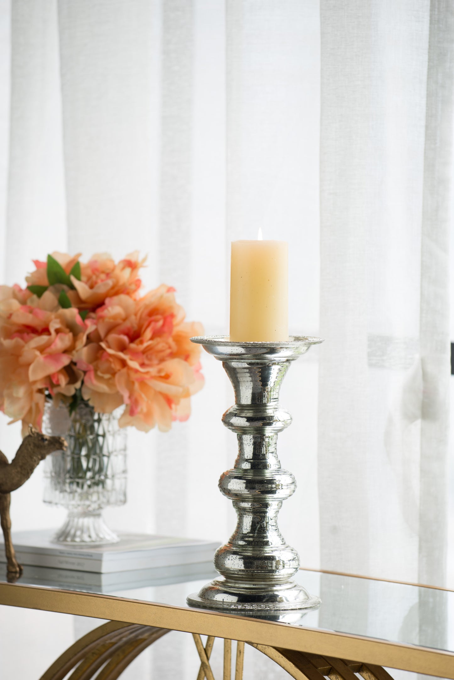 Glass Pillar Candle Holder, Antiqued Ribbed Round Base, 6.1 x 6.1 x 11.8 in, Mantel Table Decor, Silver