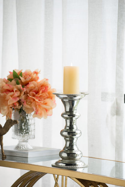 Glass Pillar Candle Holder, Antiqued Ribbed Round Base, 6.1 x 6.1 x 11.8 in, Mantel Table Decor, Silver