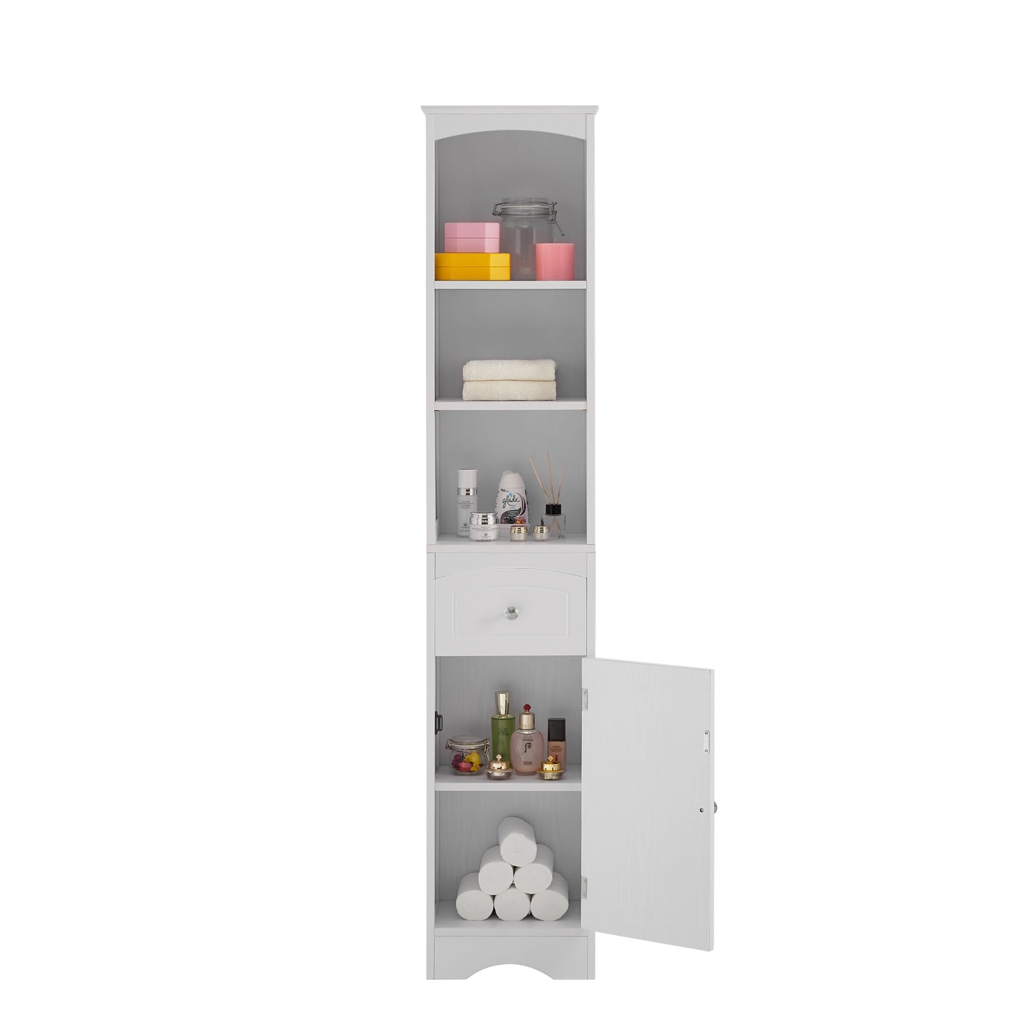 White Freestanding Tall Storage Cabinet for Bathroom with Adjustable Shelves and Drawer, MDF Construction