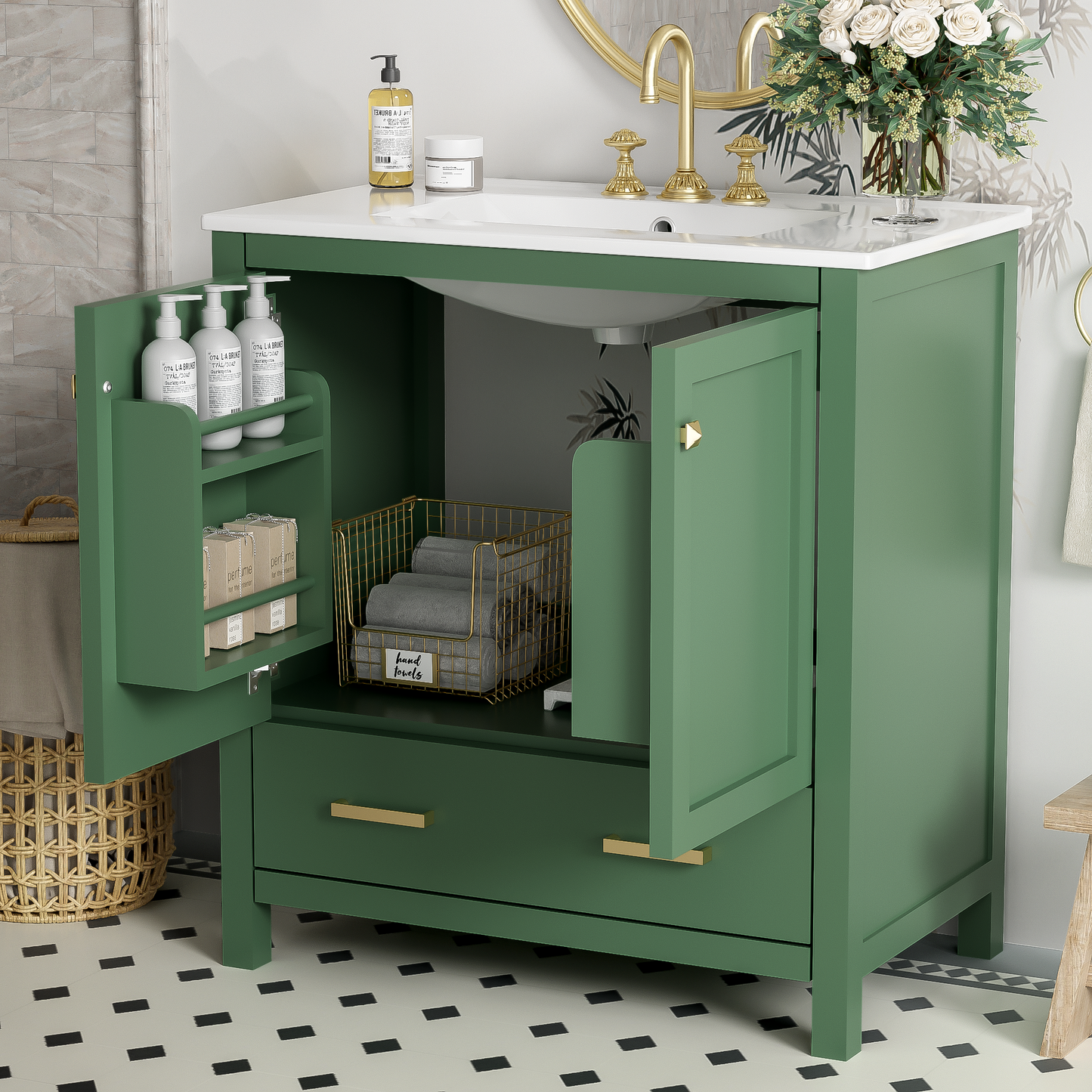 30" Elegant Green Bathroom Storage Vanity with Integrated Undermount Sink and Soft-Close Features