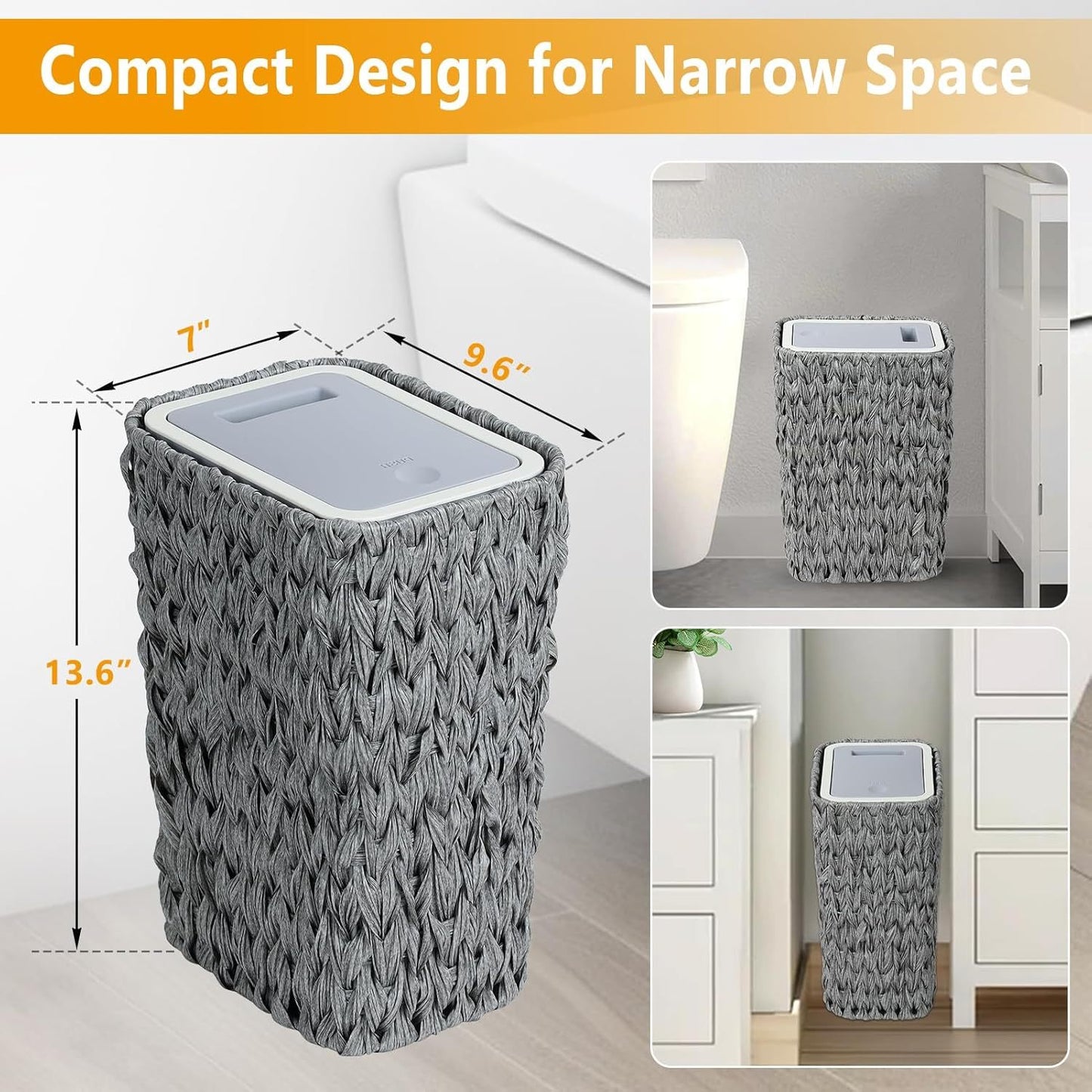Bathroom Small Trash Can with Lid,2.6 Gallon Small Rattan Garbage Can with Press Top Lid,Double-Deck Slim Wicker Wastebasket Trash Can for Bathroom,Kitchen,Office,Living Room,Bedroom-Gray