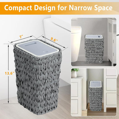 Bathroom Small Trash Can with Lid,2.6 Gallon Small Rattan Garbage Can with Press Top Lid,Double-Deck Slim Wicker Wastebasket Trash Can for Bathroom,Kitchen,Office,Living Room,Bedroom-Gray