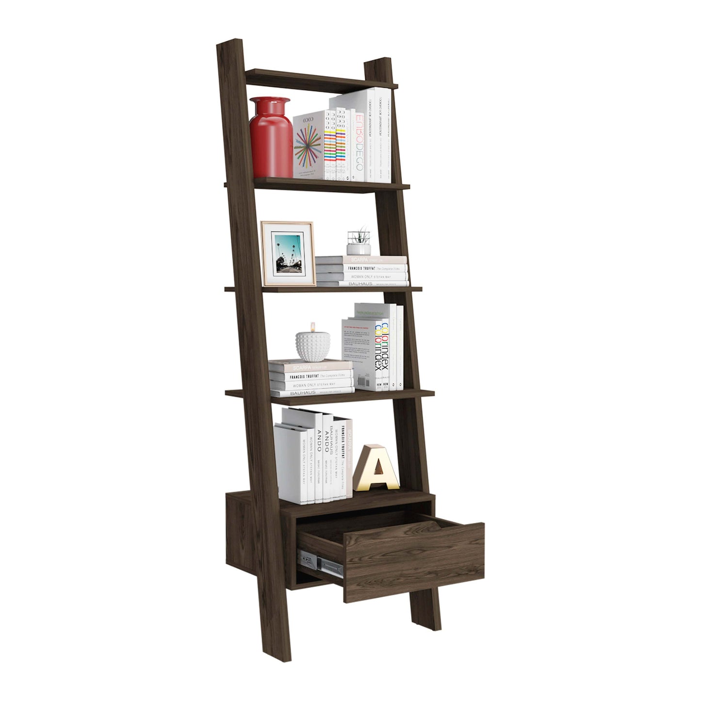 Dark Walnut Ladder Shelf with One Drawer and Five Spacious Open Shelves