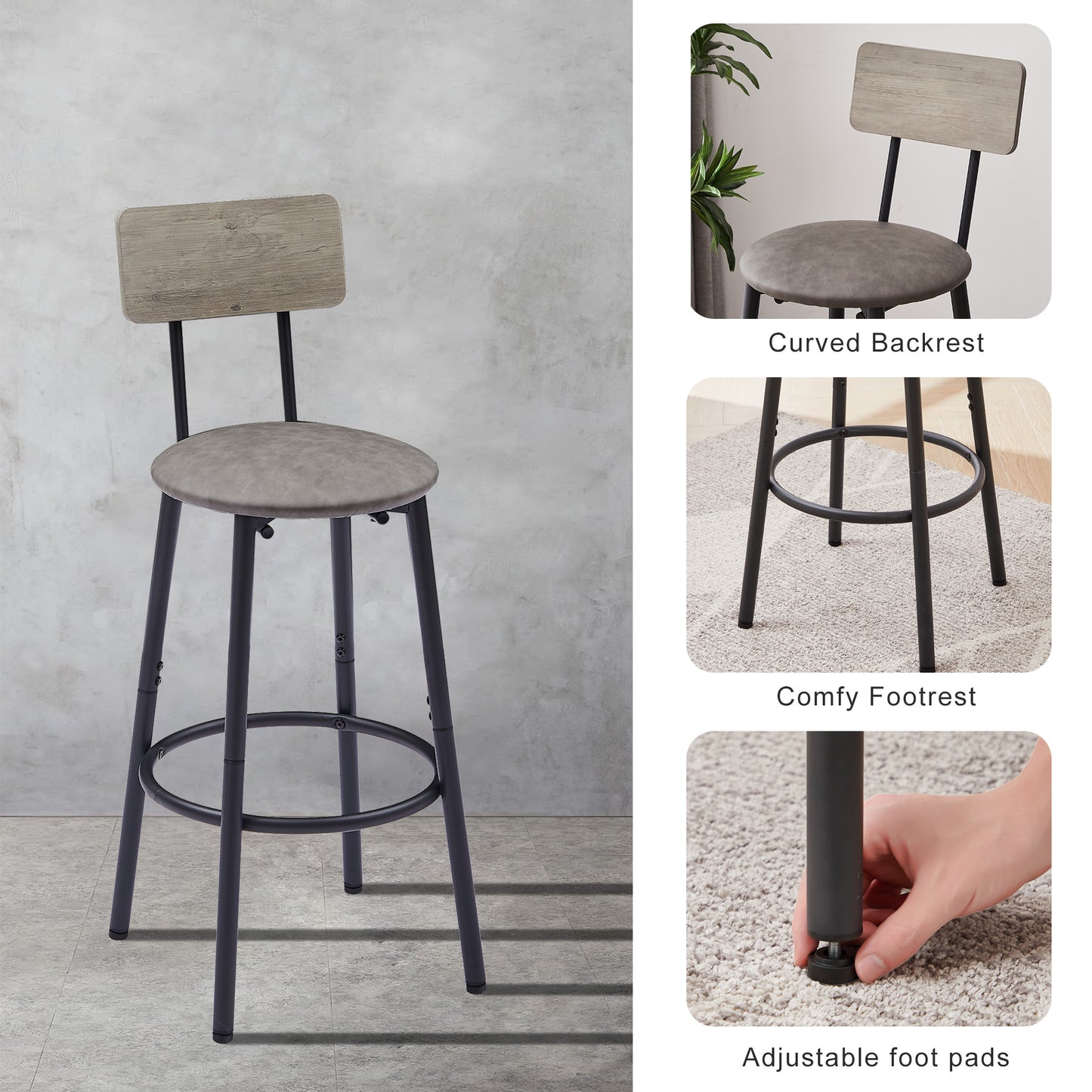Bar Table Set with 2 Backrest Stools, Rustic PU Cushions, Space-Saving Dining for Kitchen or Bar Grey