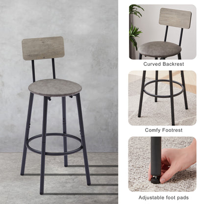 Bar Table Set with 2 Backrest Stools, Rustic PU Cushions, Space-Saving Dining for Kitchen or Bar Grey