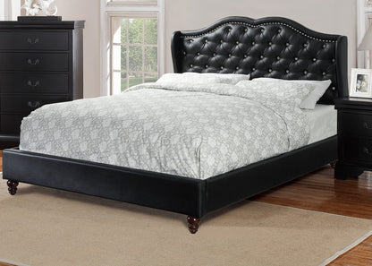 Luxurious Black Faux Leather Queen Bed Set with Wingback Headboard and Tufted Design