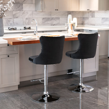 Adjustable Swivel Velvet Bar Stools Set of 2 Black Chrome