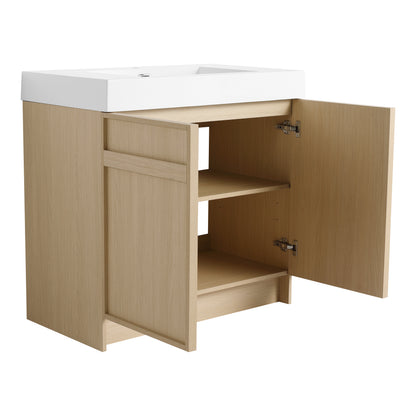 Modern 36" Freestanding Oak Bathroom Vanity with Soft-Close Doors & Integrated White Resin Sink