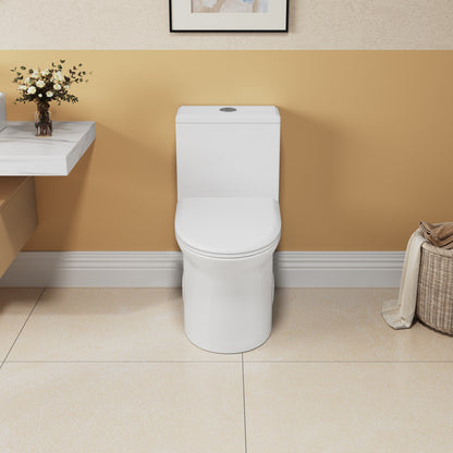 Elongated Comfort Height One-Piece Toilet with Quiet Dual-Flush System, CUPC & WaterSense Certified, White Ceramic, Soft Close Seat