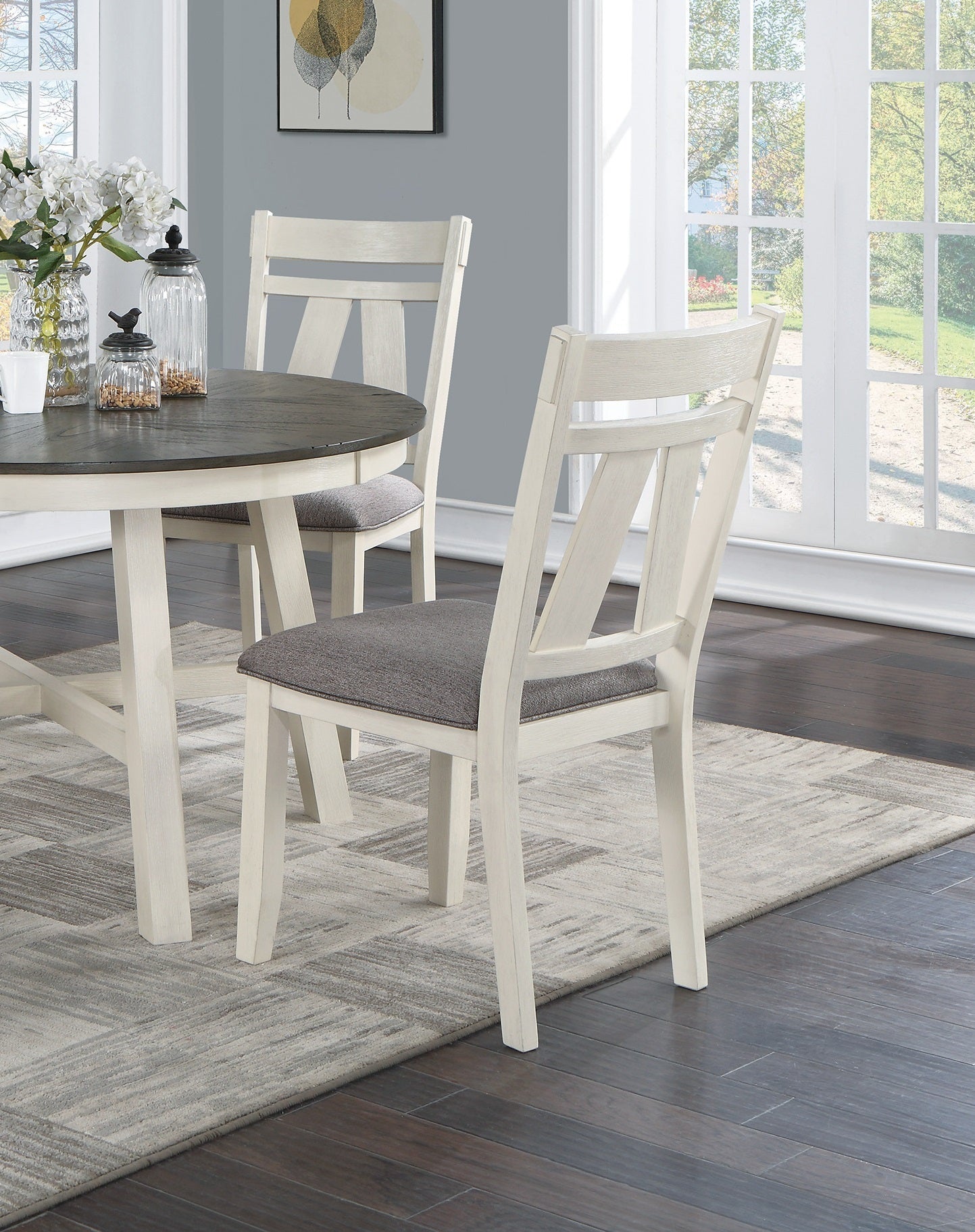 Dining Room Chairs – Set of 2, Solid Rubberwood, 19 x 24 x 40 in, White Finish, Modern Farmhouse, Gray