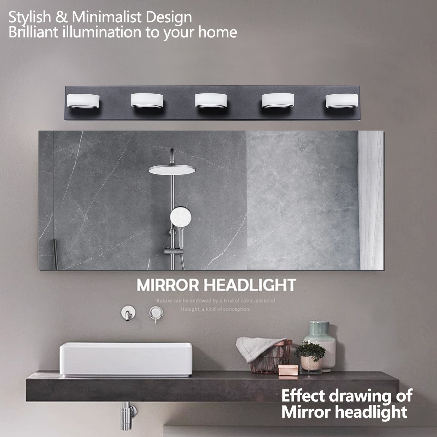 LED 5-Light Vanity Light Fixture for Over-Mirror Bath Wall, 37in Long, Modern Iron & Acrylic Black