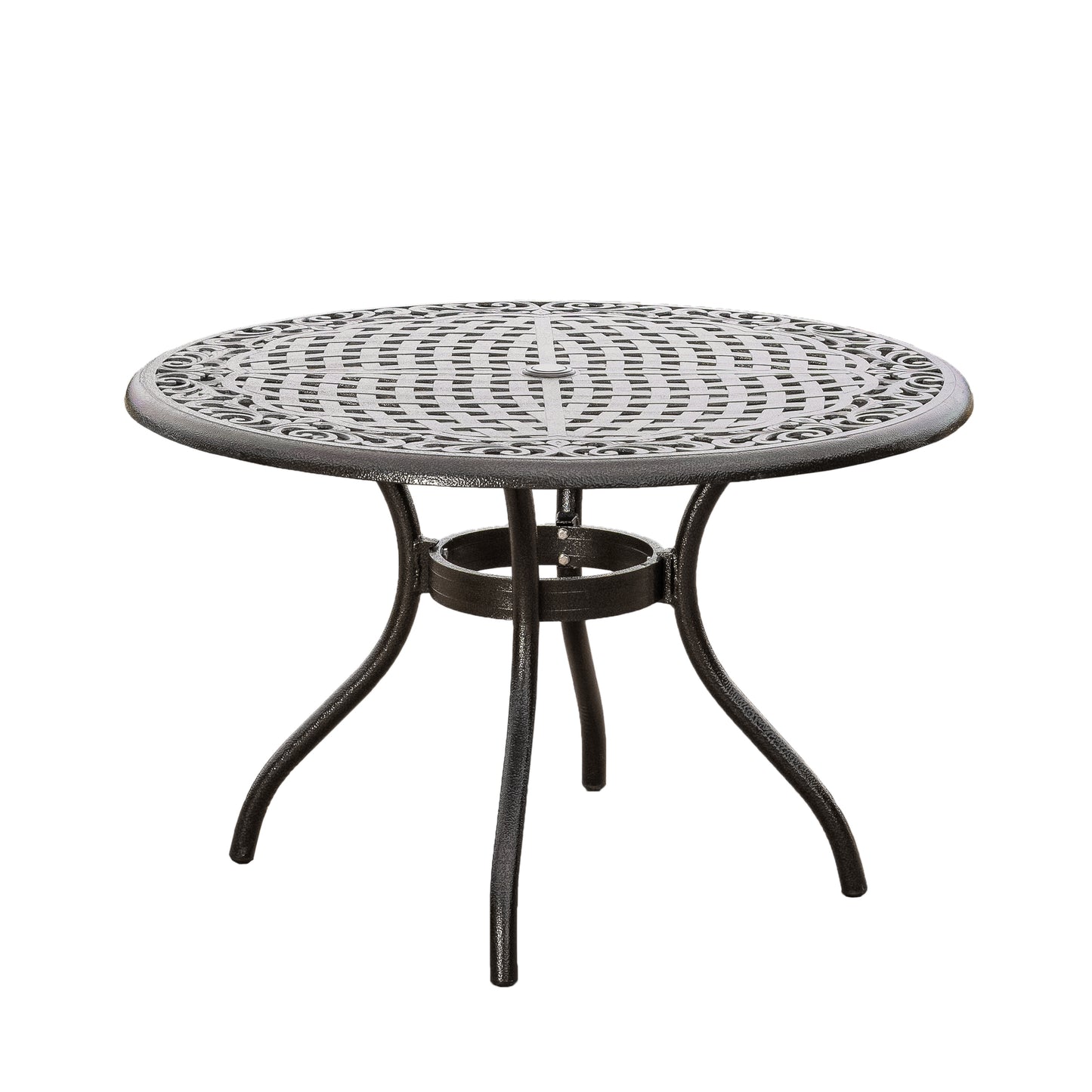 48 Inch Round Outdoor Dining Table With Lattice Top, Umbrella Hole, Curved Legs, Aluminum Construction Bronze