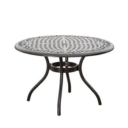 48 Inch Round Outdoor Dining Table With Lattice Top, Umbrella Hole, Curved Legs, Aluminum Construction Bronze