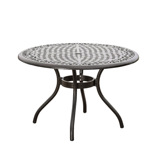 48 Inch Round Outdoor Dining Table With Lattice Top, Umbrella Hole, Curved Legs, Aluminum Construction Bronze