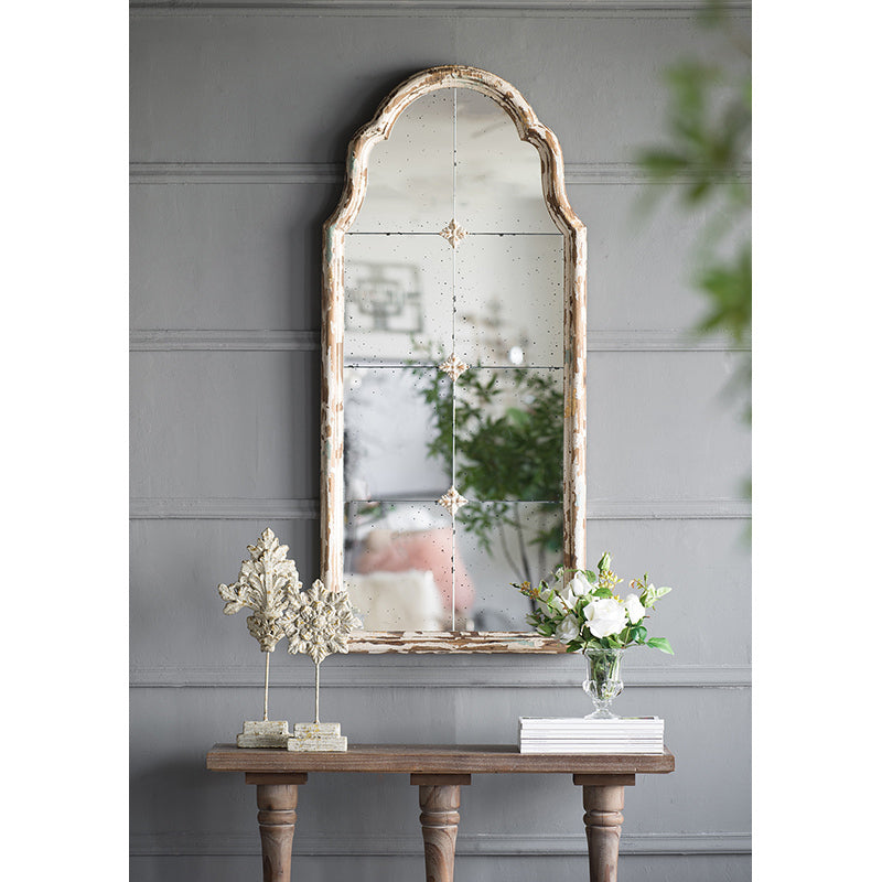 Elegant 22" x 48" Cream & Gold Arched Wall Mirror with Decorative Grid, Perfect for Living Room, Bathroom, or Entryway