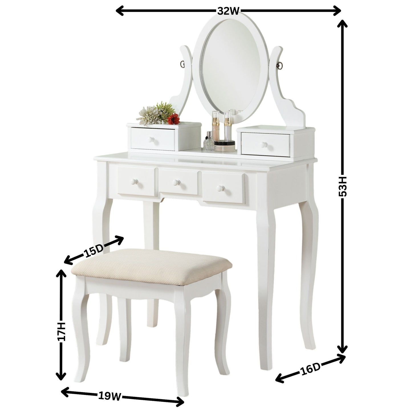 Wood Makeup Vanity Table and Stool Set for Bedroom, Elegant Space-Saving Home Vanity White