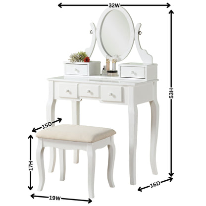 Wood Makeup Vanity Table and Stool Set for Bedroom, Elegant Space-Saving Home Vanity White