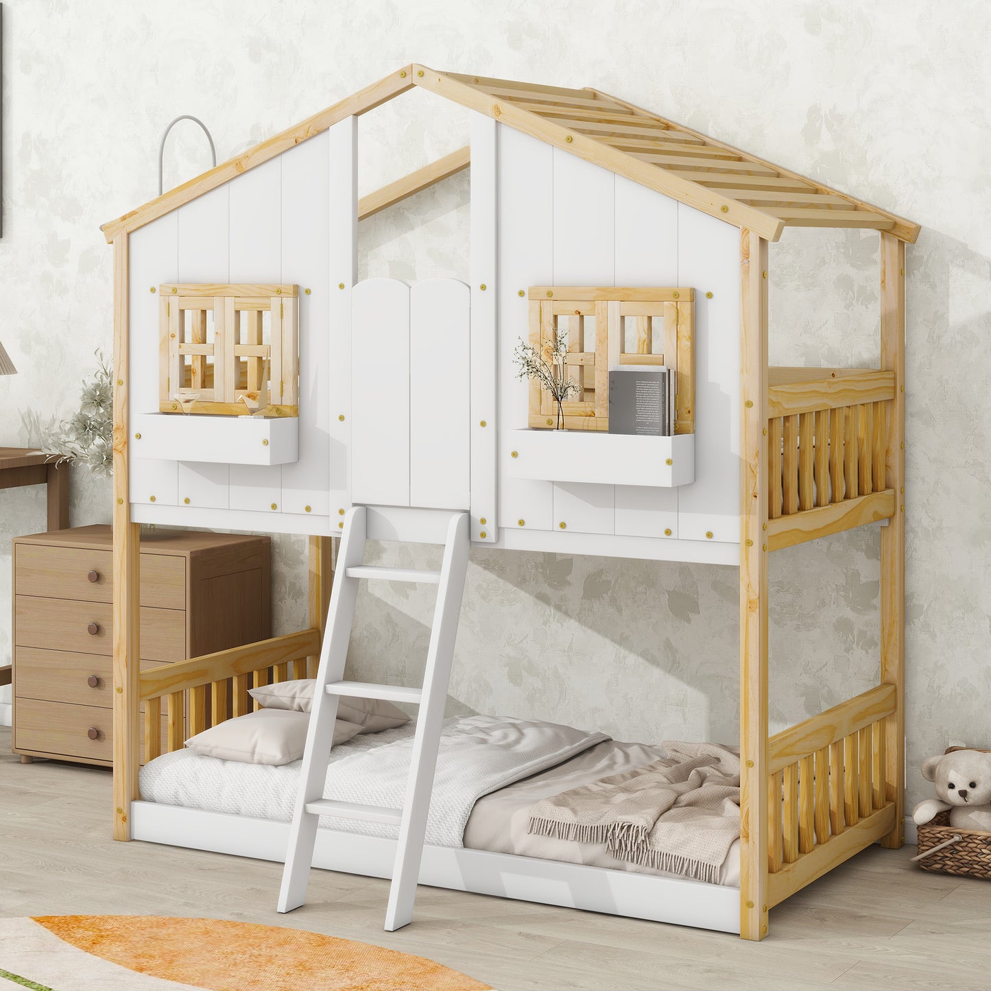 Twin House Bunk Bed for Kids with Roof, Windows, and Safety Features - Natural/White Finish