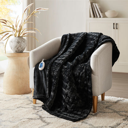Oversized Heated Faux Fur Throw 50x70 in, Ultra-Soft, 3-Heat Settings, Auto Shutoff, 6 ft Cord Black