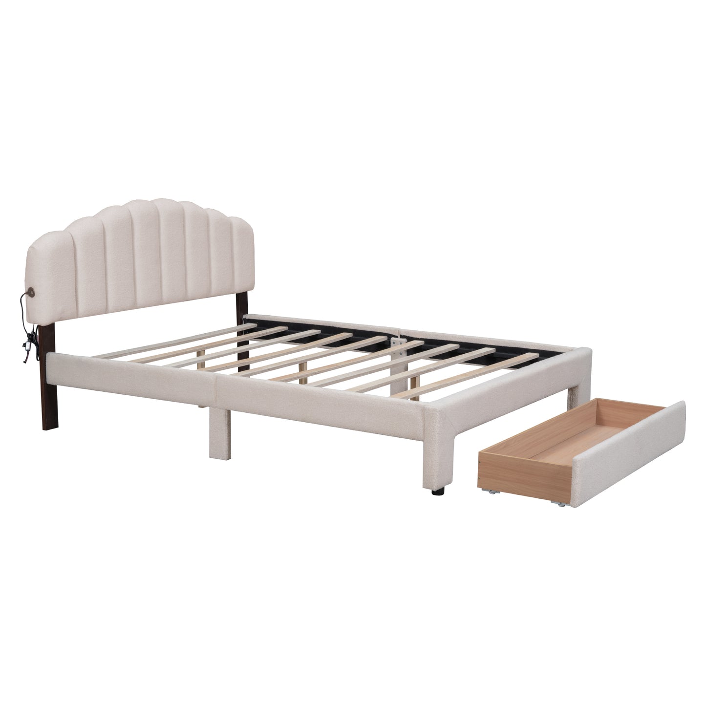 Beige Teddy Fleece Queen Upholstered Platform Bed with Storage Drawer