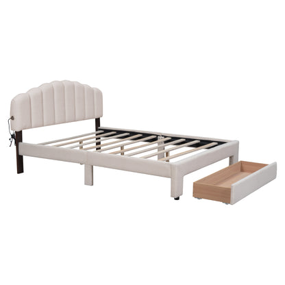 Beige Teddy Fleece Queen Upholstered Platform Bed with Storage Drawer