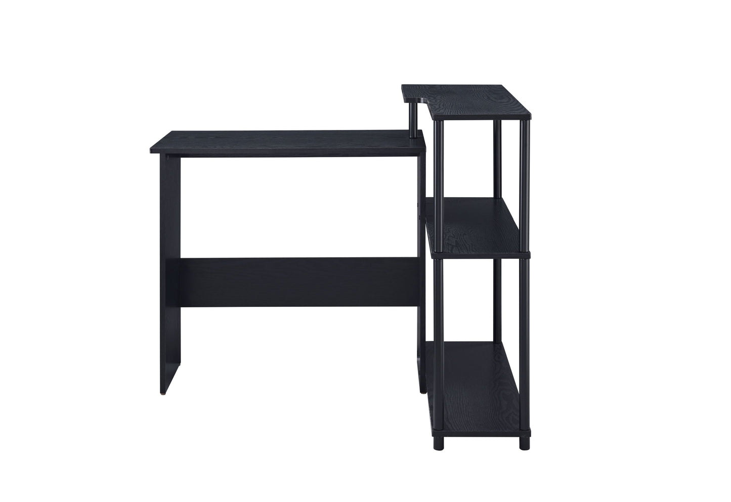 L-Shaped Black Writing Desk with Multi-Tiered Storage