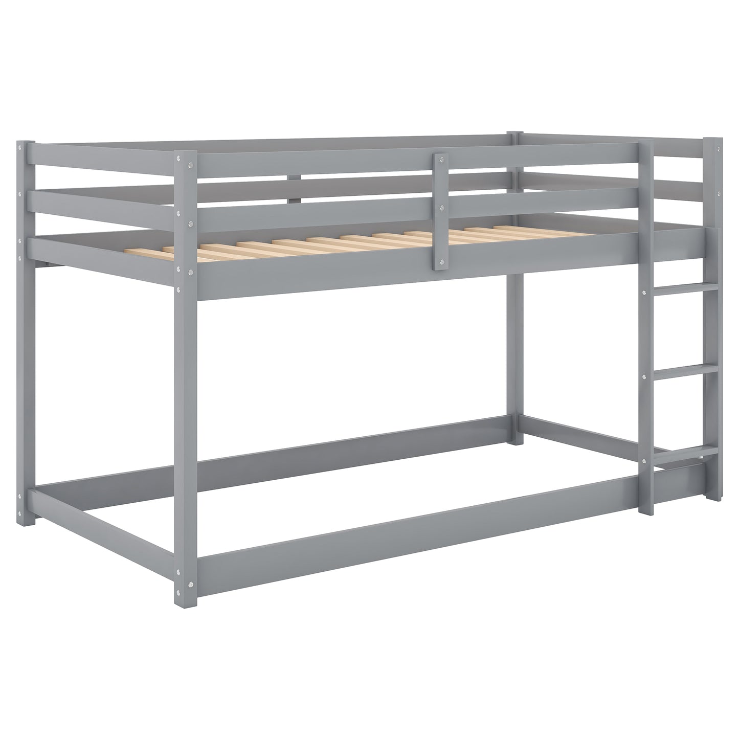 Gray Twin Over Twin Floor Bunk Bed with Ladder for Kids