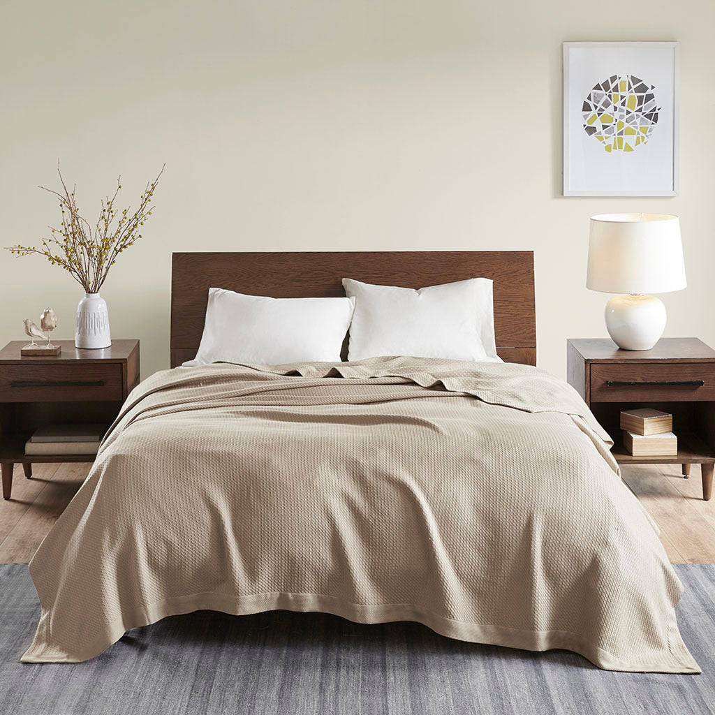 Twin-Size Egyptian Cotton Blanket – Soft Breathable Machine Washable, Solid Pattern for Bed or Sofa Khaki