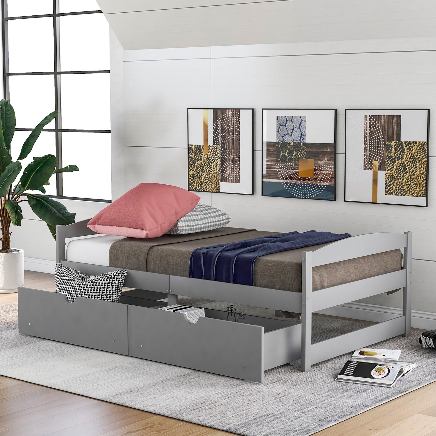 Gray Twin Platform Bed with Spacious Under-Bed Drawers