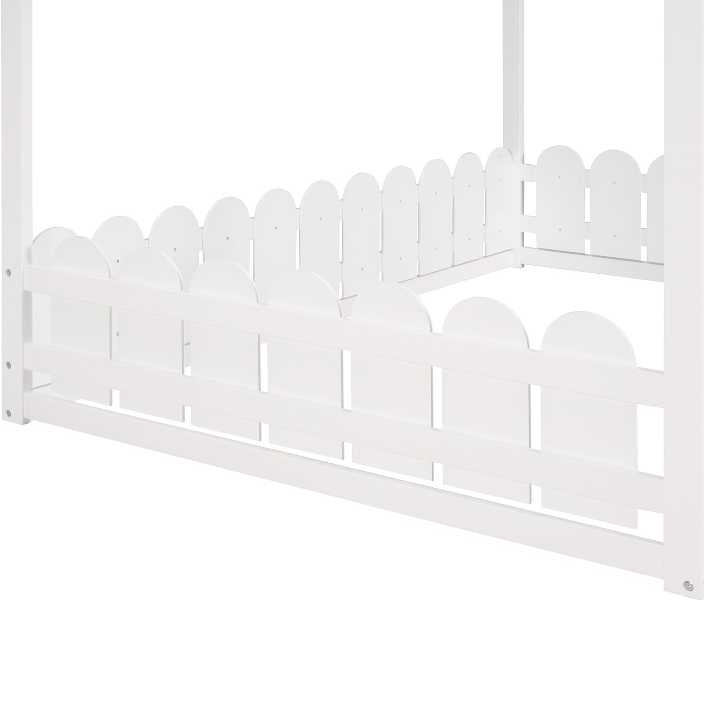 Full Size Wooden House Bed Frame with Fence for Kids and Teens - White (Slats Not Included)