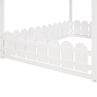Full Size Wooden House Bed Frame with Fence for Kids and Teens - White (Slats Not Included)