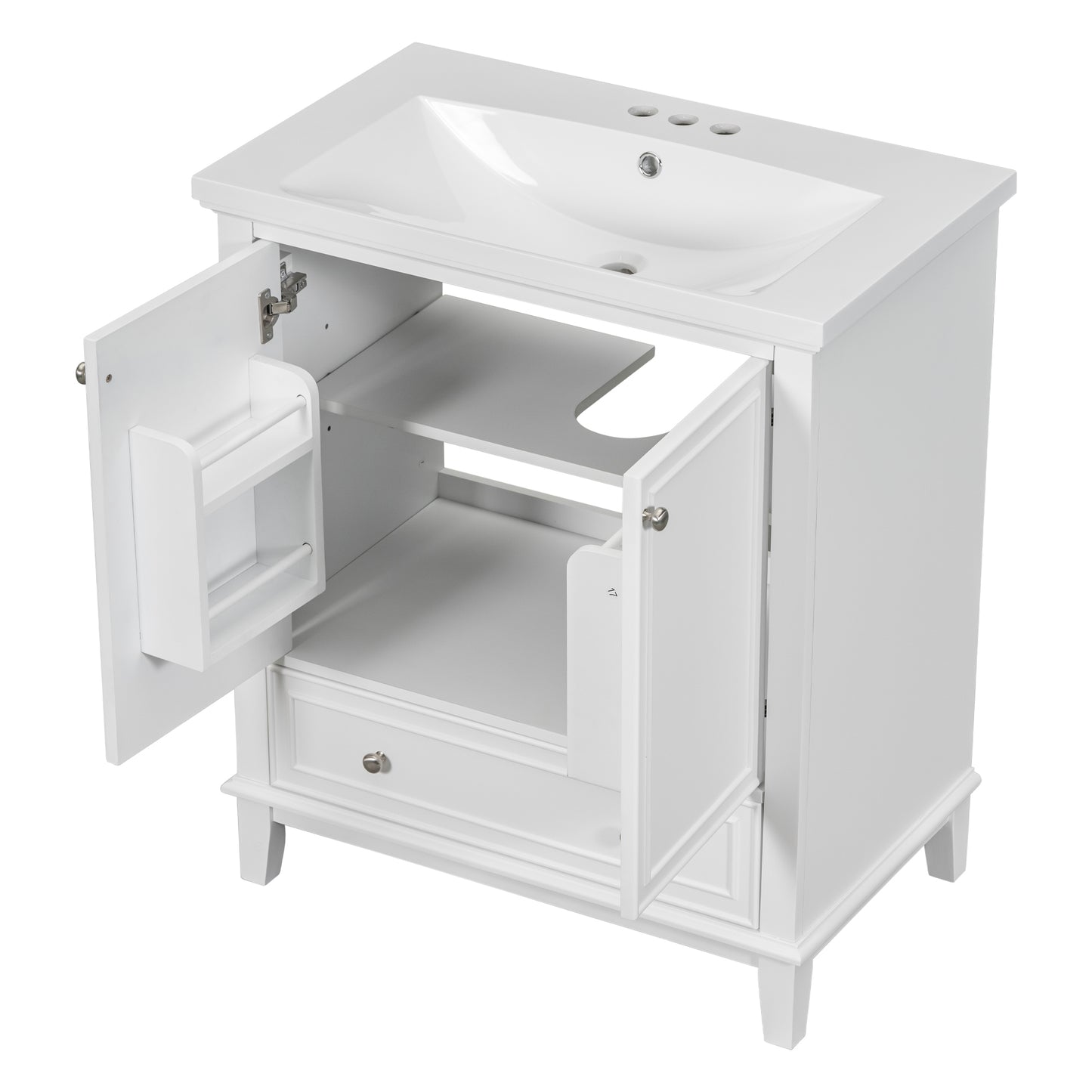 30" Modern Bathroom Vanity with Ceramic Sink, Multi-Storage Cabinet with Adjustable Shelves, Durable Solid Wood & MDF Construction, White Finish