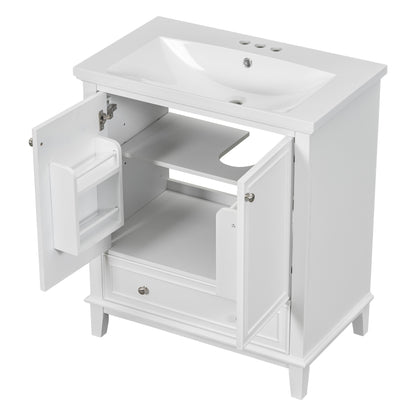 30" Modern Bathroom Vanity with Ceramic Sink, Multi-Storage Cabinet with Adjustable Shelves, Durable Solid Wood & MDF Construction, White Finish