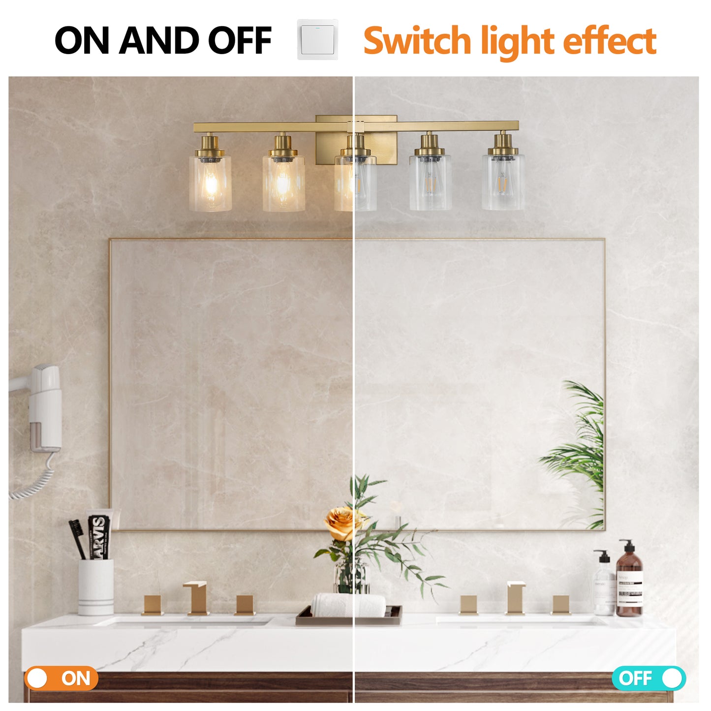 Five-Bulb Vanity Light with Clear Glass Shades Wall Fixture for Bathroom Bulbs Not Included Gold Finish