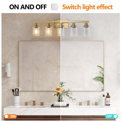 Five-Bulb Vanity Light with Clear Glass Shades Wall Fixture for Bathroom Bulbs Not Included Gold Finish
