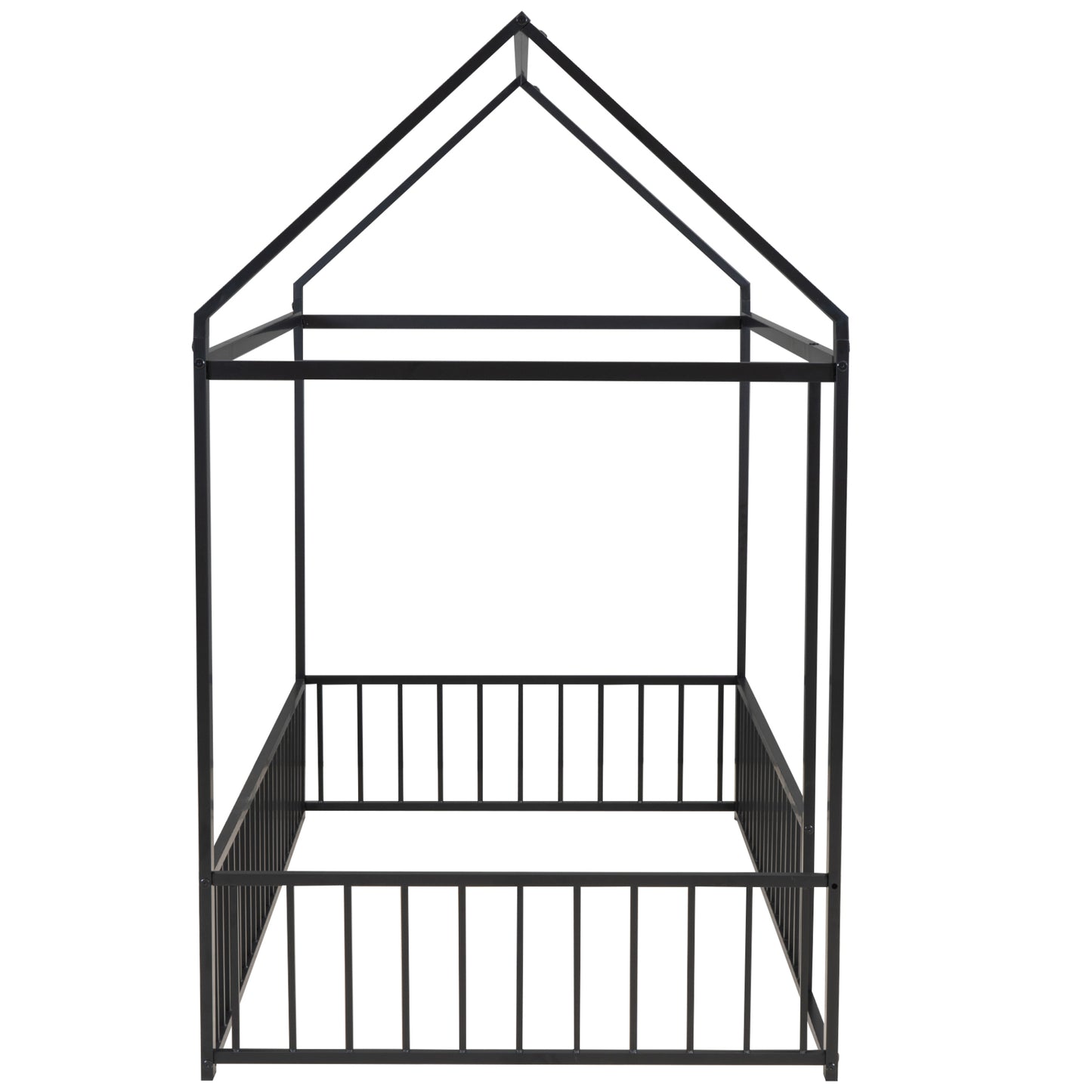 Twin Size Black Metal House Bed Frame with Playful Roof and Fence for Kids and Teens