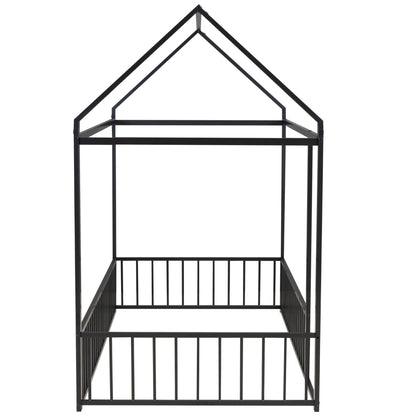 Twin Size Black Metal House Bed Frame with Playful Roof and Fence for Kids and Teens