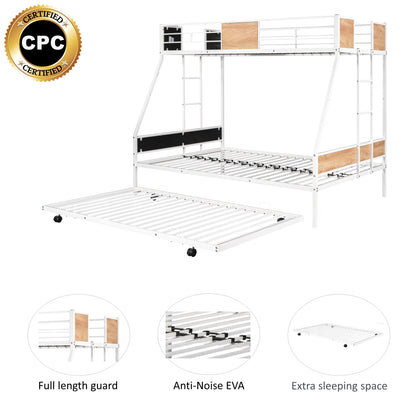 Sturdy Metal Twin Over Full Bunk Bed with Trundle and Safety Guardrails - Space-Saving Design with Noise Reduction and Wooden Accents