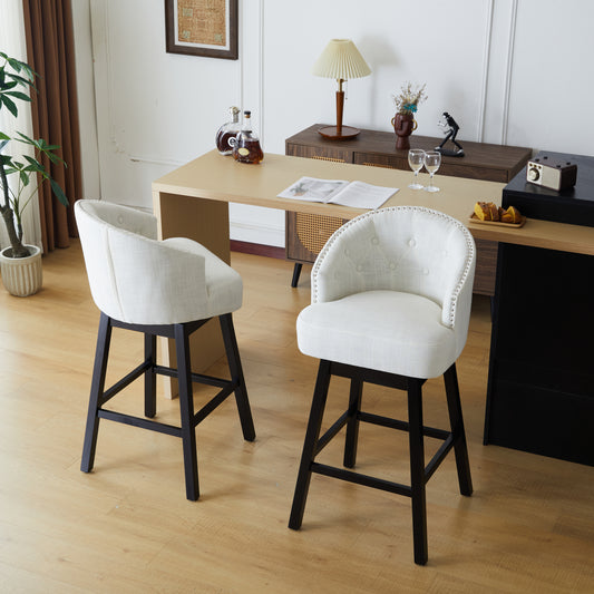 33.25 Inch Swivel Counter Stools Set Black Beige Rubberwood