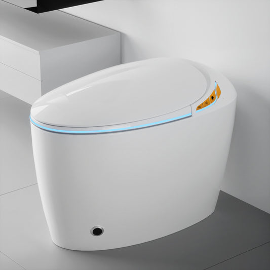 Advanced Intelligent One-Piece Smart Toilet with Integrated Bidet, Automatic Open/Close Seat, Foot Sensor Activation, LED Control Panel, Night Light, Warm Water Cleaning, and Air Drying – Modern White Design for Luxury Bathrooms