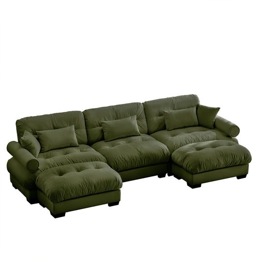 Modular U-Shape Sectional Sofa with Movable Ottomans, 3-Seat Corner Couch, Velvet Upholstery, Olive Green