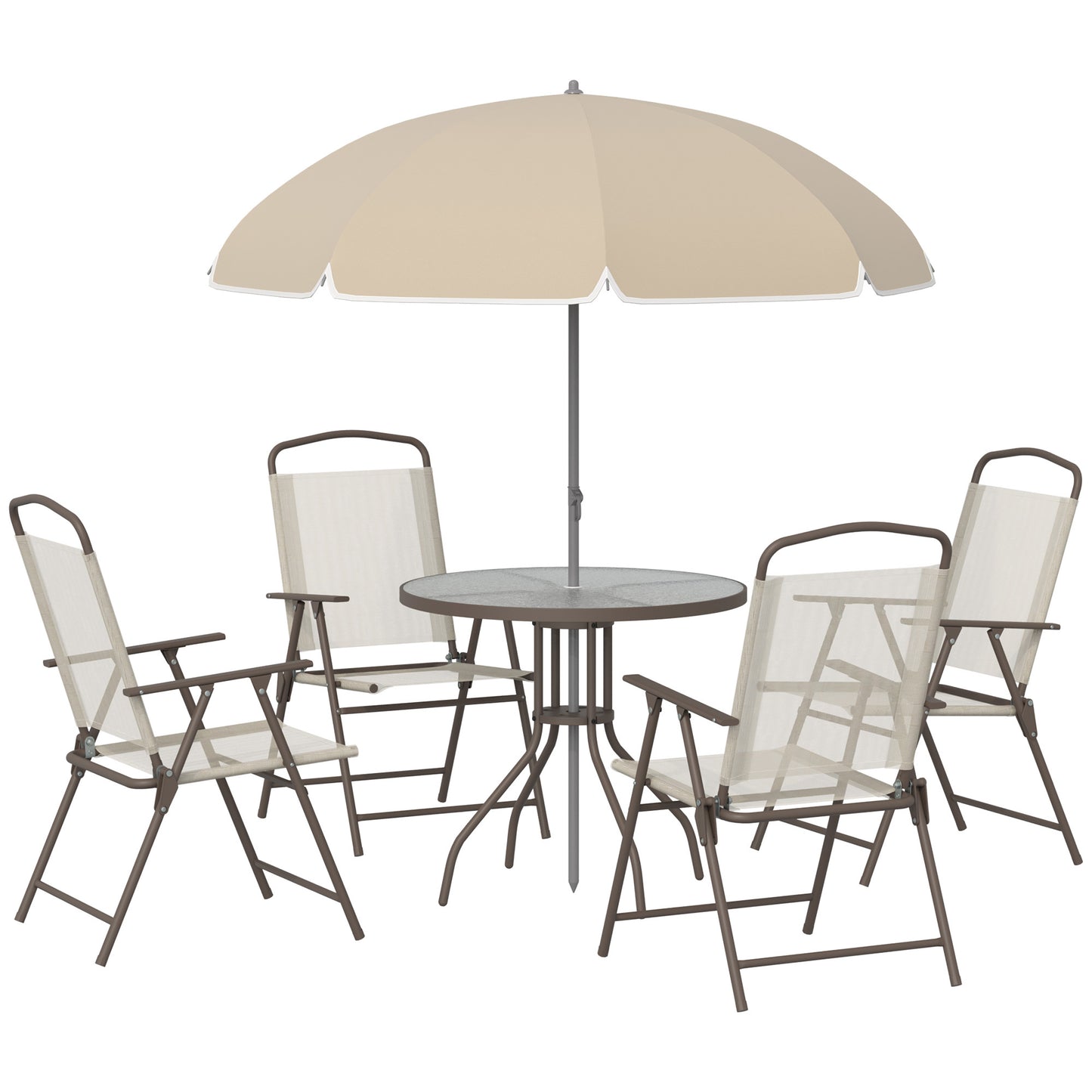 6-Piece Patio Dining Set for 4 with Umbrella and Round Glass Table, 4 Folding Chairs, Outdoor Steel Beige