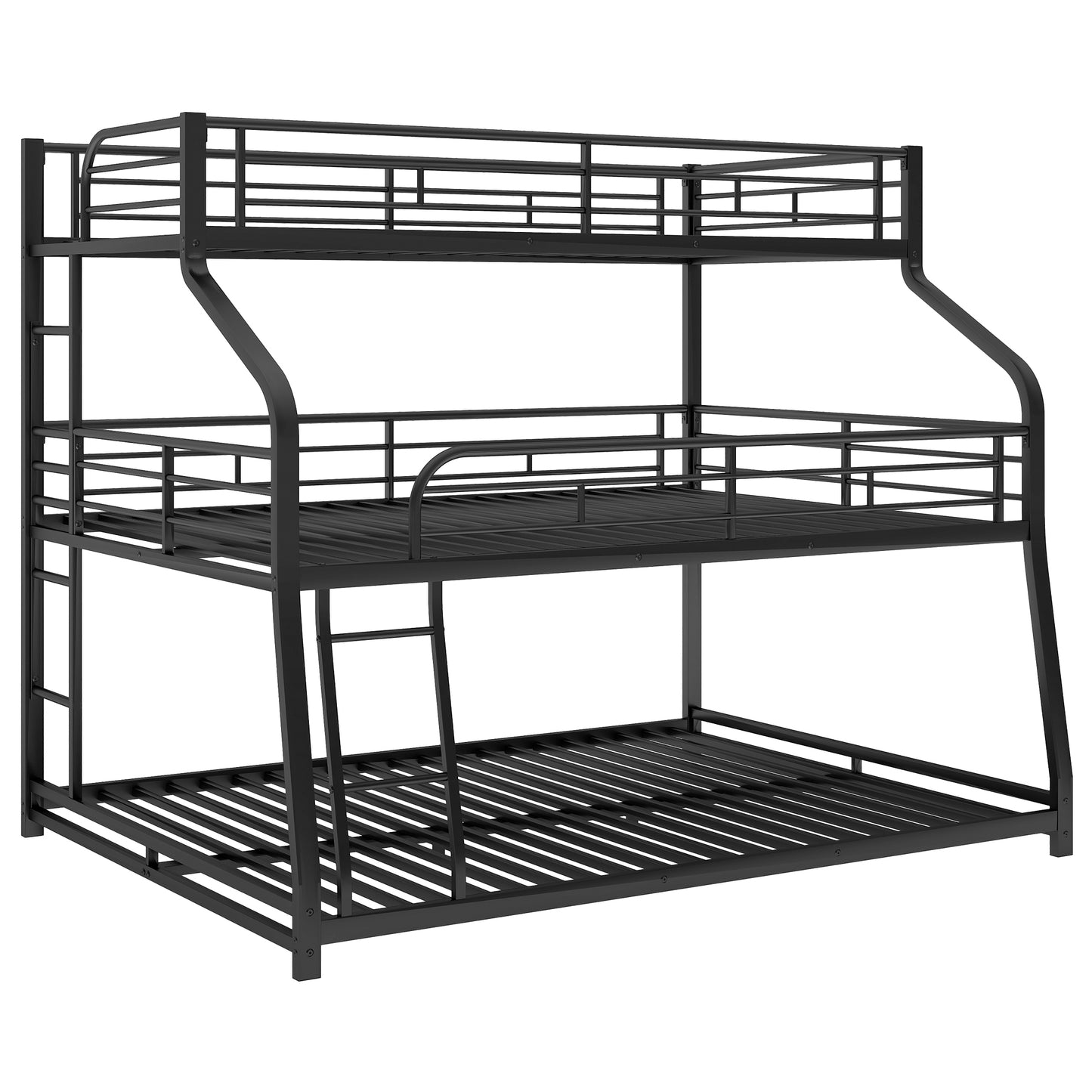 Metal Triple Bunk Bed in Black for Twin XL, Full XL, and Queen Sizes with Dual Ladders and Full-Length Guardrails