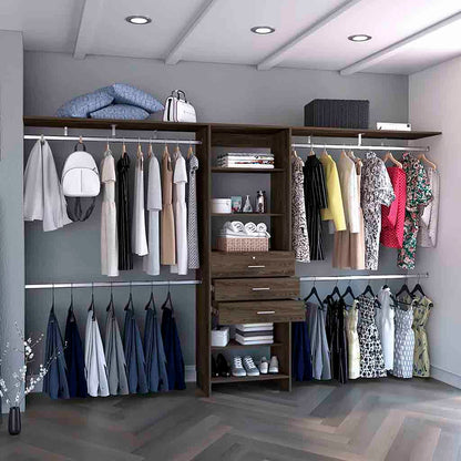 Plego Adjustable Drawers Closet System with Five Shelves and Four Hanging Rods - Dark Walnut Finish