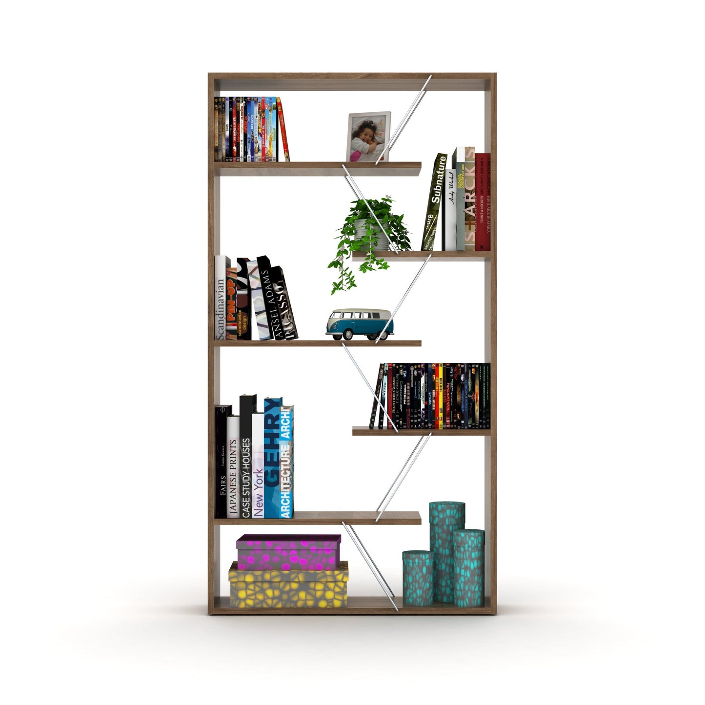 Walnut and Chrome Industrial 6-Shelf Wood Frame Etagere Bookcase for Modern Offices and Living Rooms
