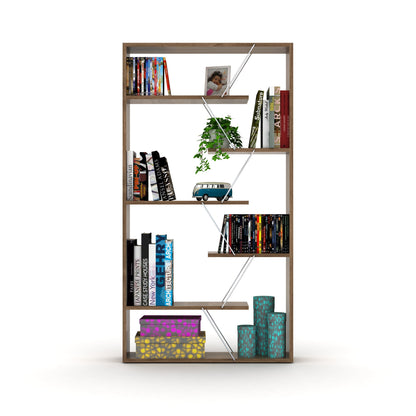 Walnut and Chrome Industrial 6-Shelf Wood Frame Etagere Bookcase for Modern Offices and Living Rooms